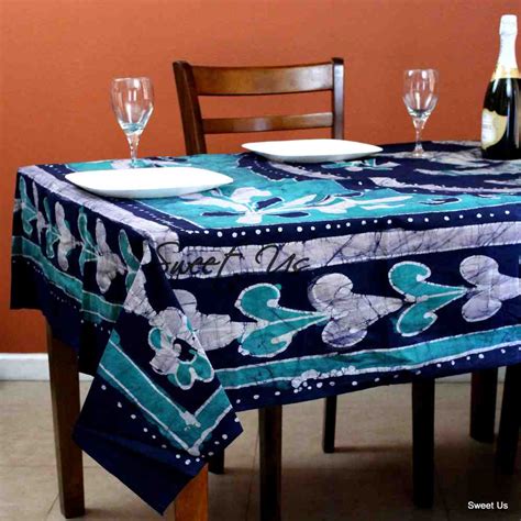 Cotton Batik Elephant Tablecloth Rectangle Blue Saffron Fabric Dining Linen