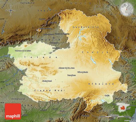 Physical Map of Castilla-La Mancha, darken