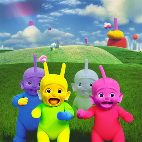 prompthunt: sinister teletubbies standing in a field, evil baby sun shining, 3 d render, 4 k ...