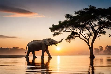 Premium Photo | An elephant walks in the water at sunset