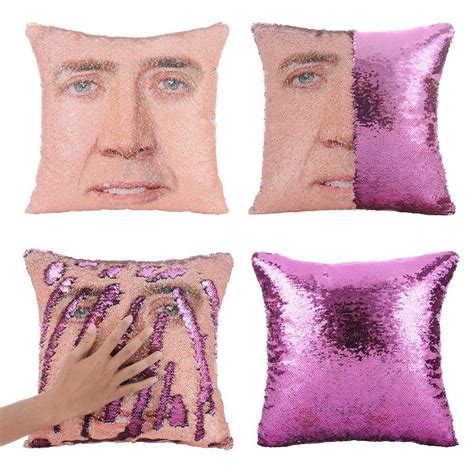 Magical Nicolas Cage Cushion Cover with Sequins Super Shining Reversible Color Changing Pillow ...