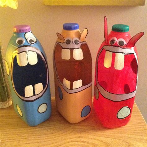 Upcycled Recycled 4 pint milk bottle storage monsters! Great for kids! | Pop bottle crafts ...