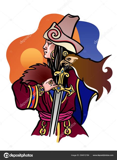 Vector portrait illustration of young Kazakh Nomad warrior woman ...