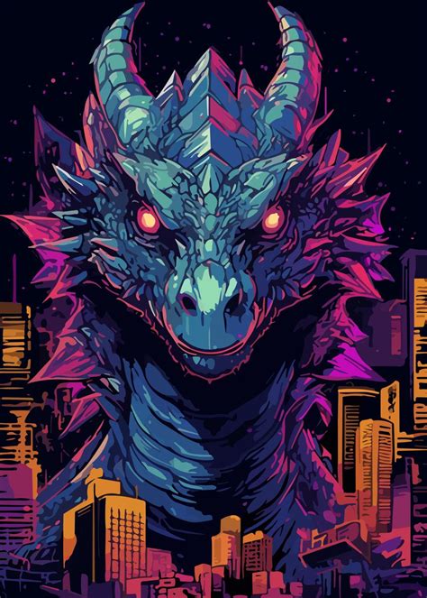 'Cyberpunk Dragon Retrowave' Poster, picture, metal print, paint by Art Jiyuu | Displate