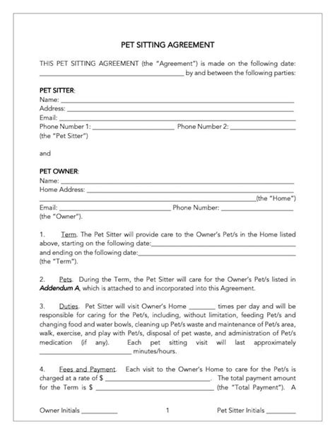 Pet Sitting Contract Template, Pet Sitter Agreement, Pet Sitter Forms, Dog Sitter Contract Cat ...