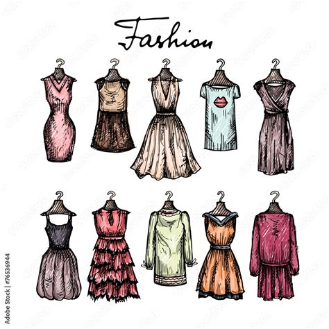 Cute hand drawn illustration with fashionable dresses sketches Stock ...