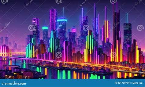 Futuristic City Skyline at Night Stock Illustration - Illustration of ...