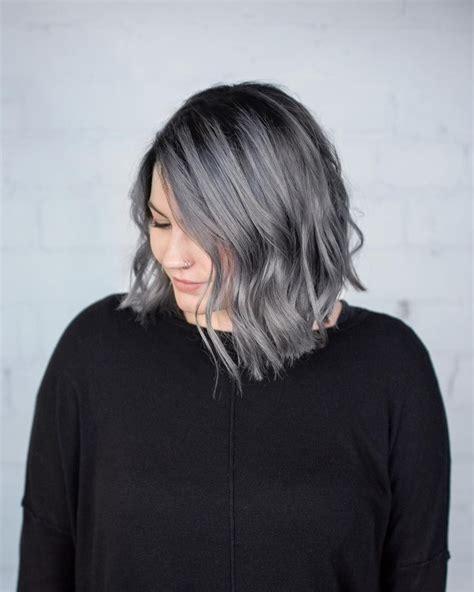 Steel grey Aveda hair color by Aveda Artist Mallory DeJong. Formula: Foil- 30vol color cleanse ...