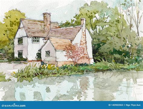 Cottage House Watercolor Painting at Country Side Stock Illustration - Illustration of trees ...