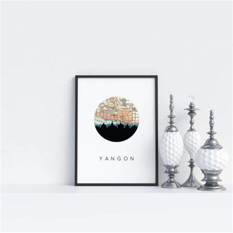 Yangon, Myanmar city skyline with vintage Yangon map | wanderlust gifts ...