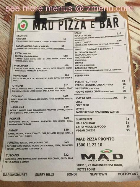 Online Menu of Mad Pizza Pronto Restaurant, Potts Point, New South Wales, 2011 - Zmenu