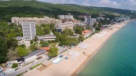 GOLDEN SANDS BEACH, VARNA, BULGARIA - MAY 19, 2017. Aerial view of the ...