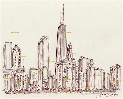 Chicago Skyline Pen & Ink Drawing Of Streeterville #850