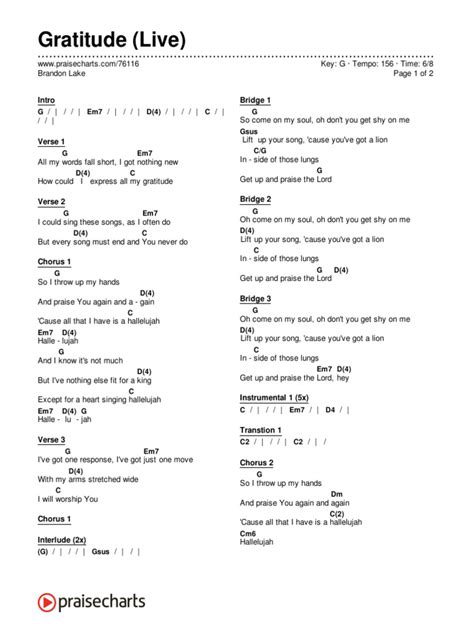 Gratitude (Live) (Brandon Lake) Chord Chart - G - 2 Column Layout | Download Free PDF | Song ...