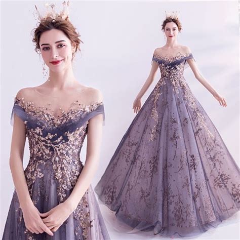 Elegant Purple Glitter Prom Dresses 2020 A-Line / Princess Scoop Neck ...