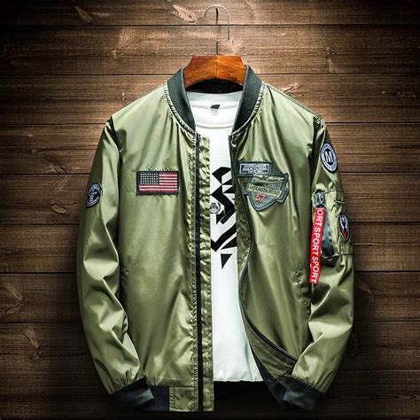 Army Green Bomber Jacket Men Fashion American Flag Patch Designs Pilot ...