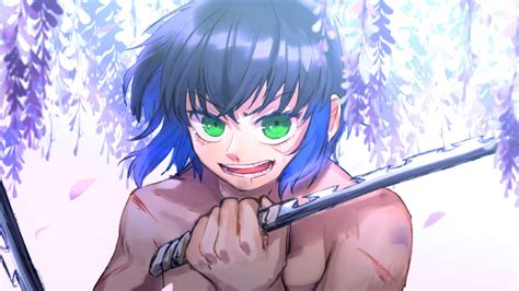 Demon Slayer Inosuke Hashibira With Green Eyes Having Weapon With Background Of Purple Flowers ...