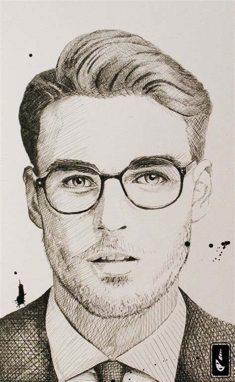 a drawing of a man wearing glasses and a suit with a tie in front of him