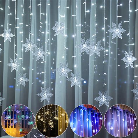 11.5FT 96LEDs Christmas Snowflakes LED String lights Flashing Lights Curtain Light Waterproof ...