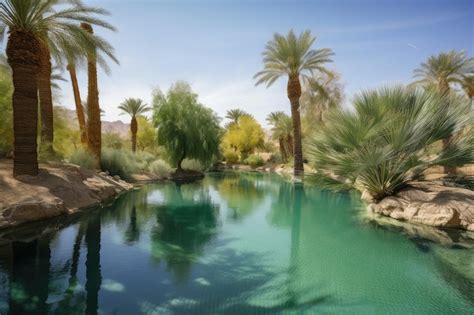 Premium Photo | Desert mirage of lush oasis with palm trees and ...