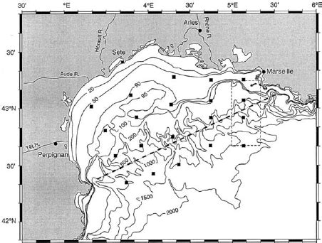 Map of the Gulf of Lion with the stations network used to build the... | Download Scientific Diagram