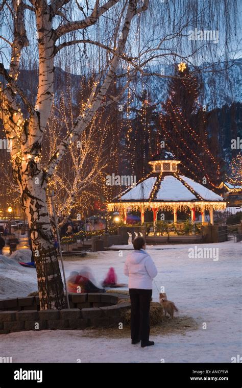 USA, WA, Leavenworth, Ice Festival with gazebo and city park Stock ...