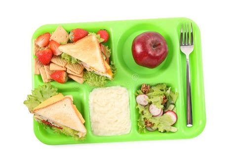 Serving Tray of Healthy Food Isolated on White, Top View. School Lunch ...