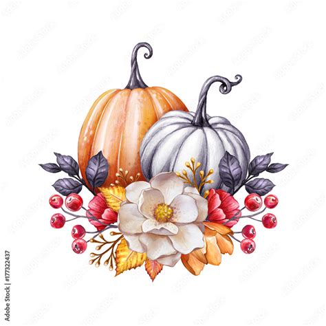 floral pumpkins, Thanksgiving watercolor illustration, autumn flowers ...