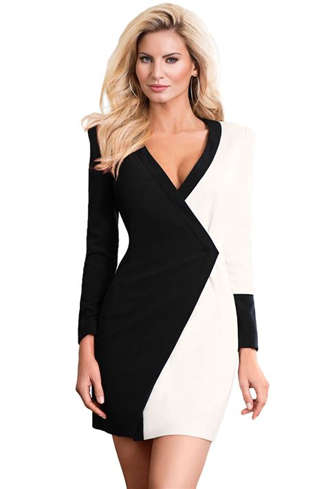 Black White Color Block Faux Wrap Mini Dress Mini Club Dresses, Stylish ...