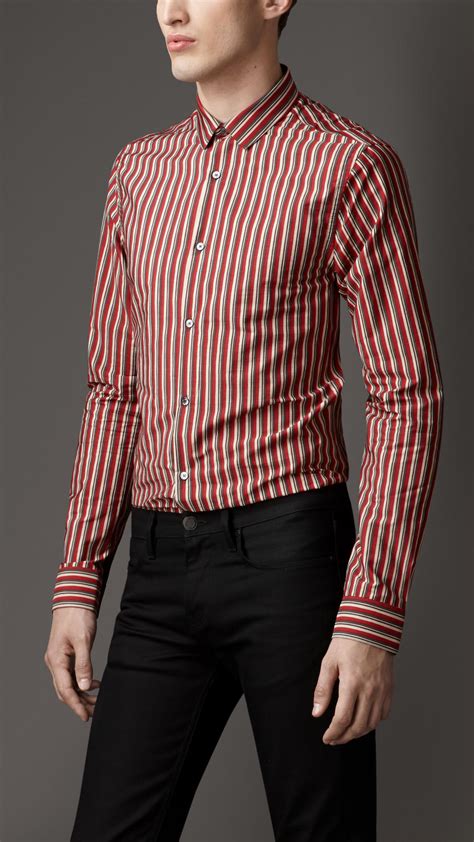 Lyst - Burberry Slim Fit Cotton Silk Stripe Shirt in Red for Men