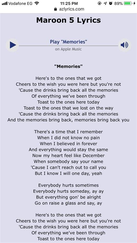 Memories - Maroon 5 | Pretty lyrics, Great song lyrics, Just lyrics