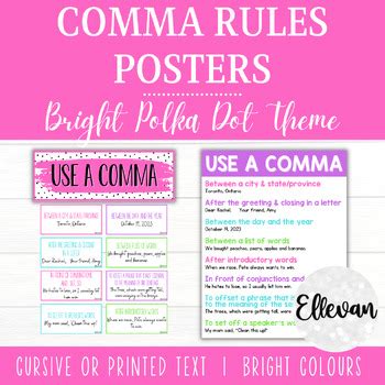 Comma Rules Posters | Bright Polka Dot Classroom Decor | Writing Posters | ELA