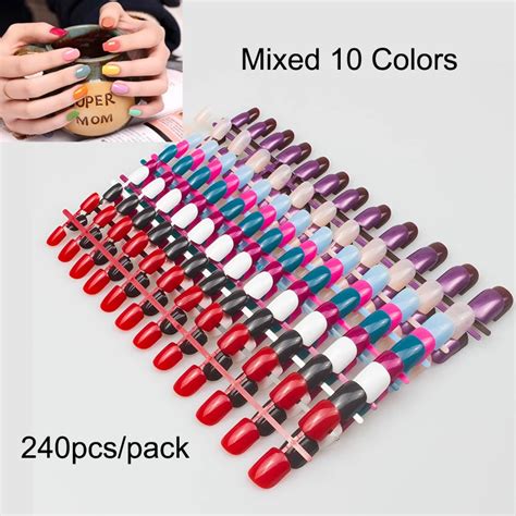 240pcs/pack Mixed 10 Colors Full Cover Nail Tips Short Design Fake Nails Faux Ongles False ...