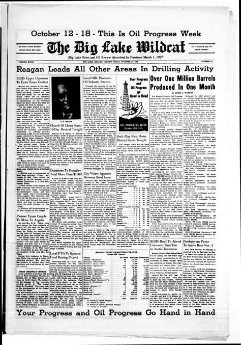 The Big Lake Wildcat (Big Lake, Tex.), Vol. 27, No. 41, Ed. 1 Friday, October 17, 1952 - Page 1 ...