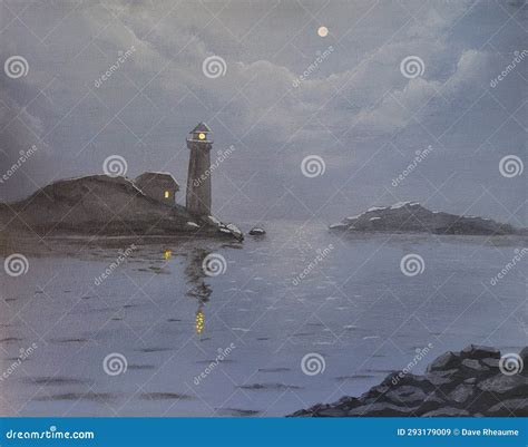 Lighthouse in Moonlight stock image. Image of painting - 293179009