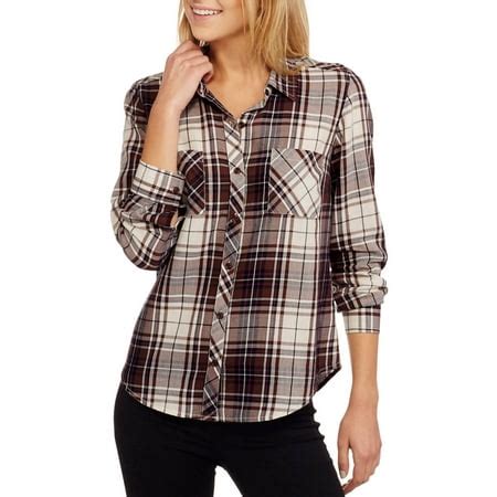 Faded Glory - Women's Long Sleeve Classic Button Front Plaid Shirt with Pockets - Walmart.com