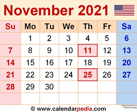 November 2021 - calendar templates for Word, Excel and PDF