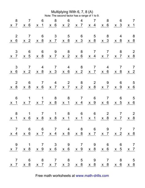 The 100 Vertical Questions -- Multiplication Facts -- 6-8 by 1-9 (A ...