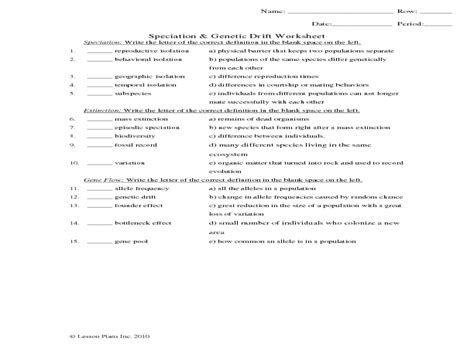 Speciation and Genetic Drift Worksheet Worksheet for 9th - 12th Grade | Lesson Planet