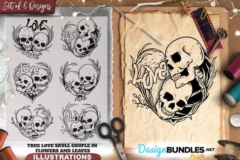 True Love Skull Couple In Flower And Leaves Illustrations