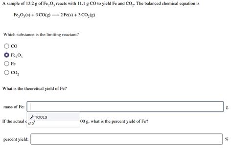 Solved A sample of 13.2 g of Fe2O3 reacts with 11.1 g CO to | Chegg.com