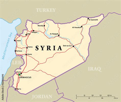 Syria political map with capital Damascus, national borders, most important cities, rivers and ...