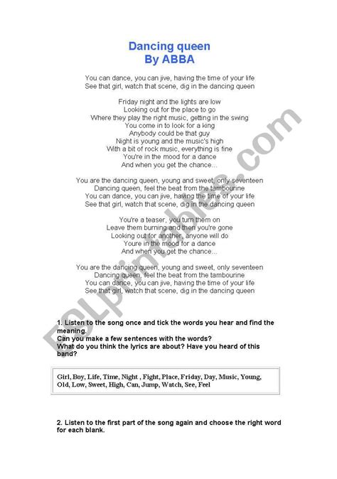 Song in English "Dancing Queen" by Abba. Mamma Mia. - ESL worksheet by ...