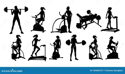 Gym Fitness Equipment Woman Silhouettes Set Stock Vector - Illustration of silhouette, exercise ...