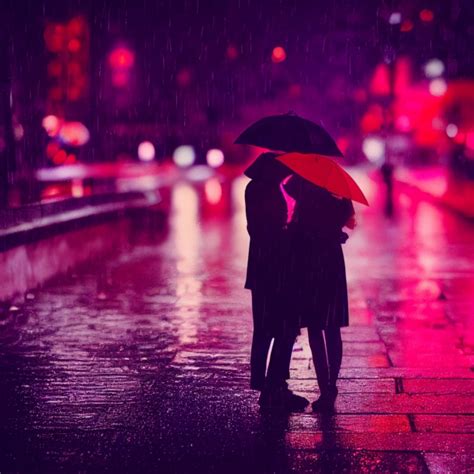 a couple standing under a red umbrella in the rain, it | Midjourney | OpenArt