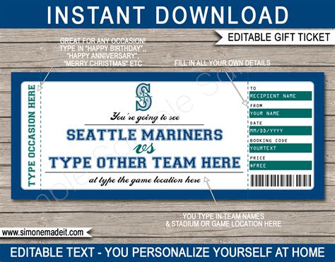 Seattle Mariners Game Ticket Gift Voucher | Printable Surprise Baseball Tickets