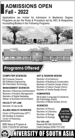 University of South Asia Lahore Admission 2024 Apply Online