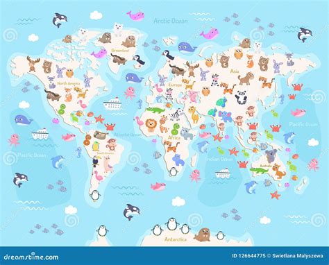 Vector Illustration of World Map with Animals for Kids. Stock Illustration - Illustration of ...