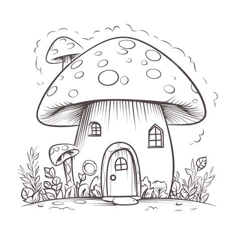 Hand Drawn Illustration Of A Mushroom House Outline Sketch Drawing Vector, Mushroom Drawing ...