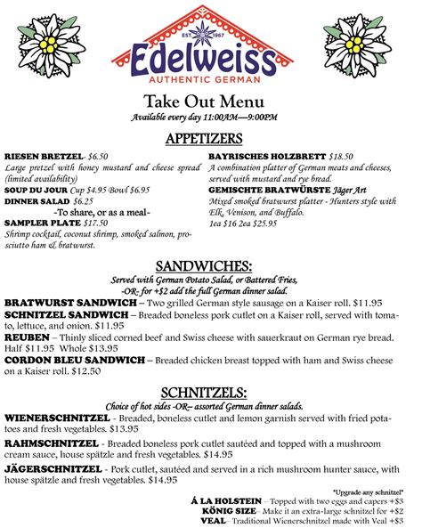 TAKEOUT MENU - Edelweiss German Restaurant